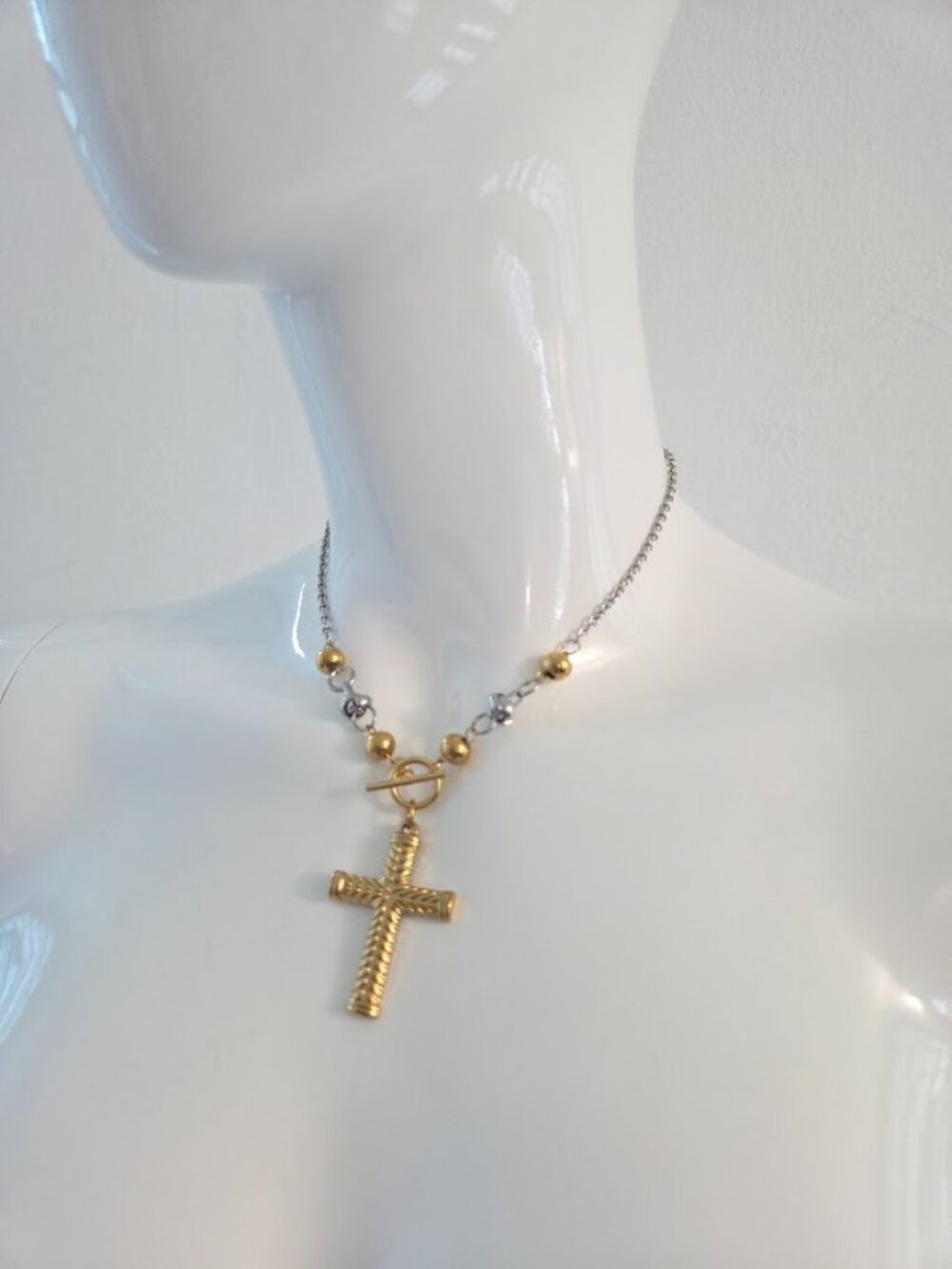 Two Tone Gold Silver Chevron Cross Toggle Chain Necklace - Picture 12 of 15